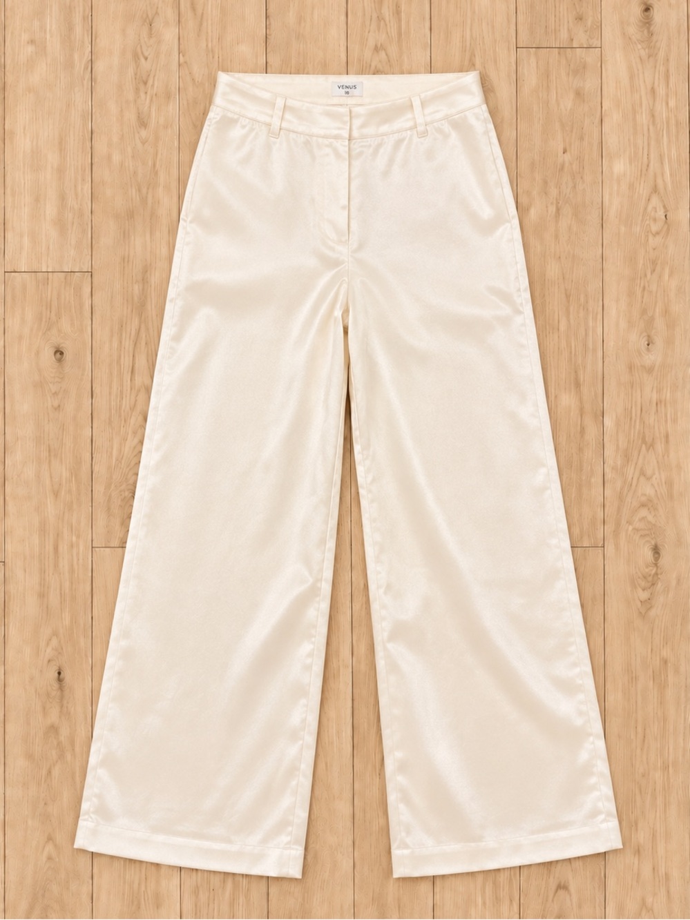 VENUS Ivory Wide-Leg Satin Trousers Size 10P Holiday Glam